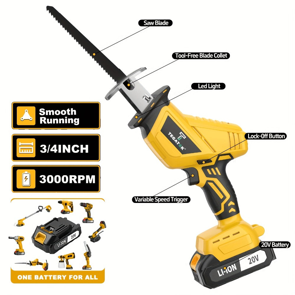 Electric Reciprocating Saw Cordless with LED Light & Safety Lock ¨C Multi-Purpose Cutting Tool with Replaceable Blades, 1 or 2 Battery Options, Carrying Case Included