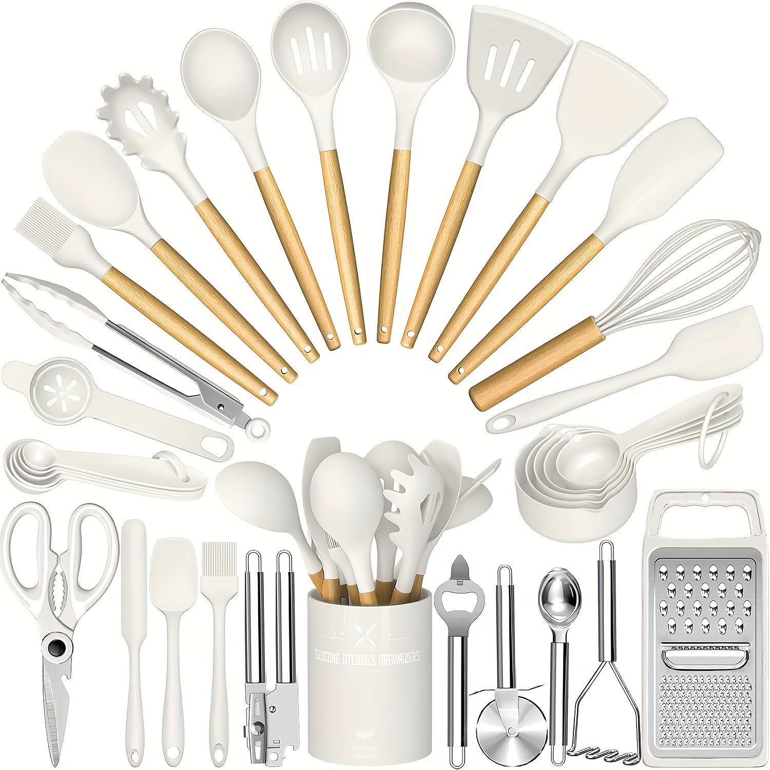 Silicone Kitchen Utensils Set 34-Piece with Holder ¨C Heat Resistant Cooking Spatula Tools for Nonstick Cookware | Wooden Handle Kitchen Gadgets | Father's Day & Housewarming Gift