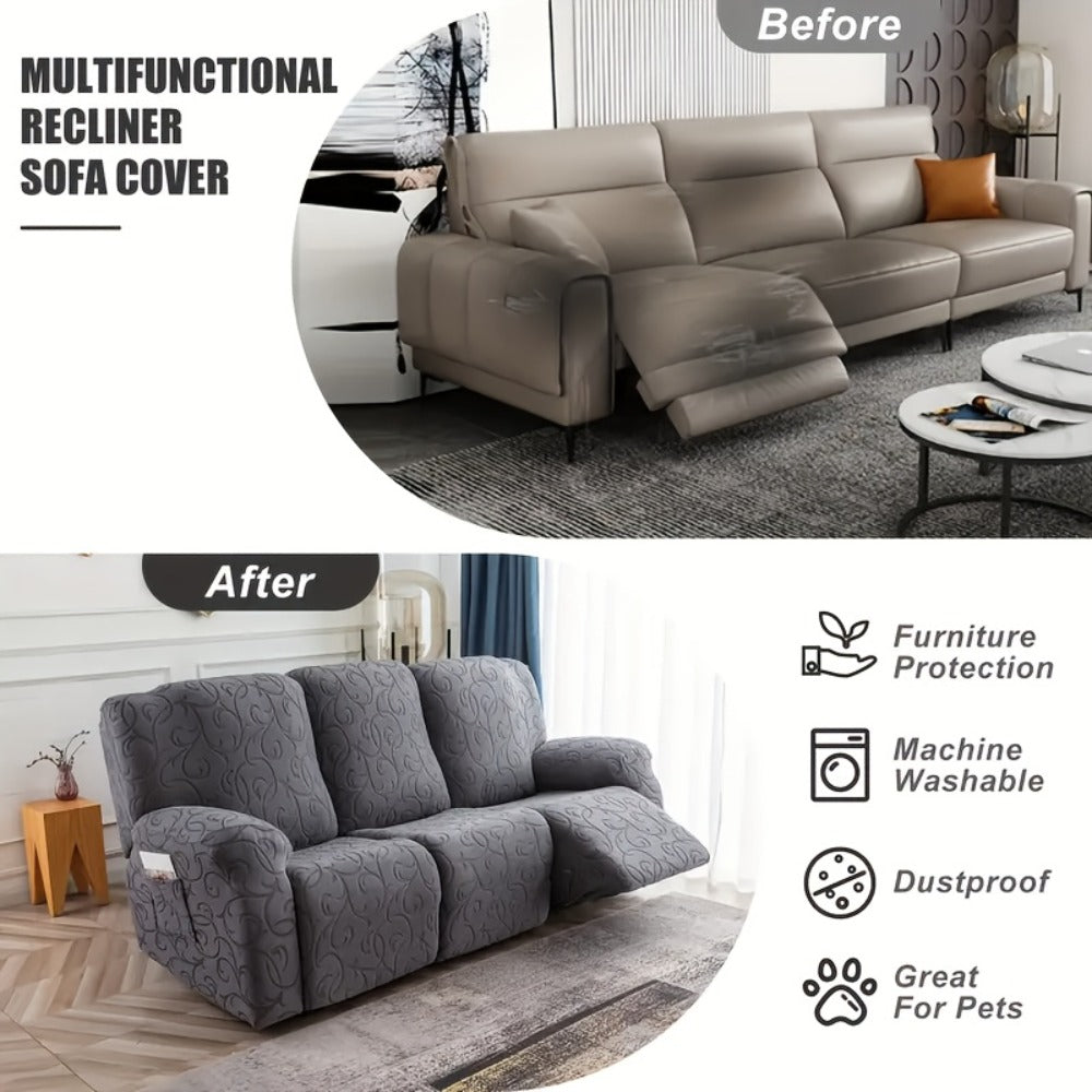 Chenille Recliner Sofa Cover 3 Seater High Stretch Thickened Hooked Fabric - Machine Washable Wear Resistant Couch Slipcover | Sand Color Light Grey Chocolate | Living Room Bedroom Furniture Protector