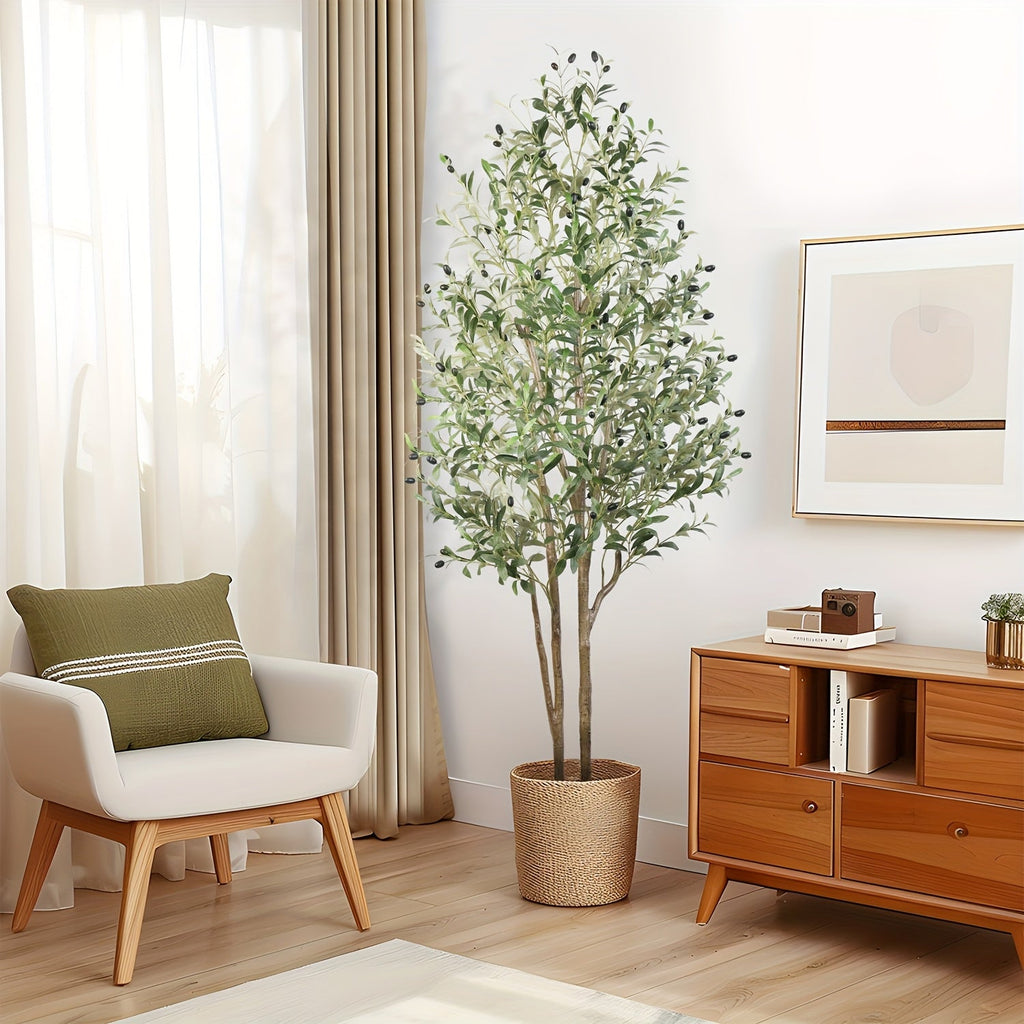 Artificial Olive Tree 4/5/6/7 Ft Tall Faux Potted Plant with Realistic Silk Leaves & Fruits for Living Room Home Decor Indoor Outdoor - Maintenance Free Decorative Tree Housewarming Gift
