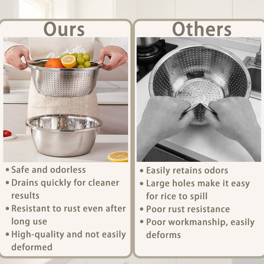 Stainless Steel Colander with Mixing Bowl Set 304 Food Grade Strainer Bowl for Washing Vegetables Fruit Rice Dishwasher Safe Kitchen Colander Sieve Multiple Sizes
