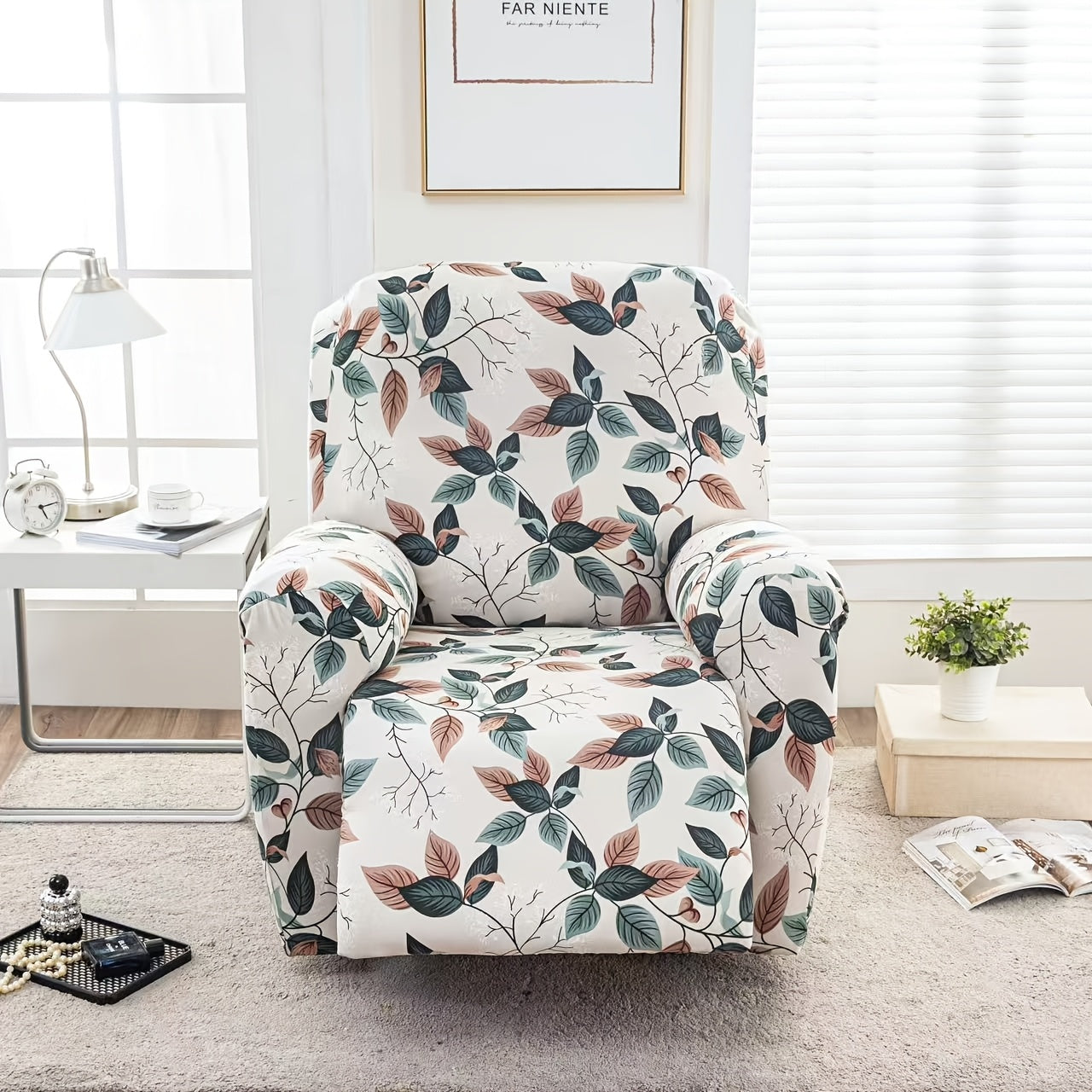Recliner Slipcover 4pcs Extra Large with Pocket - Spandex Stretch Four Seasons Furniture Protector | Botanical Geometric Prints | Living Room Home Decor Sofa Chair Cover