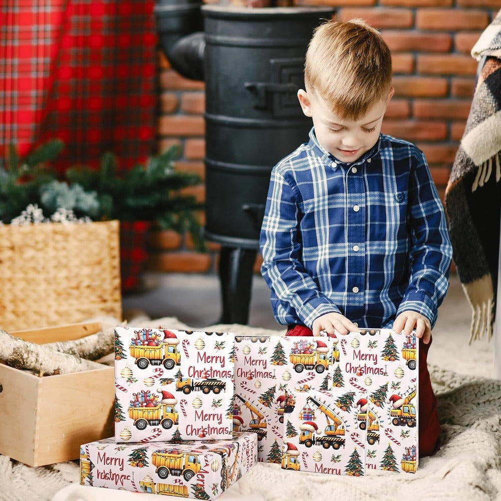 Christmas Wrapping Paper Construction Vehicles - Dump Trucks Excavators Tractors Gift Wrap for Boys Girls, 58¡±x23¡± Roll (28.5 Sq Ft)