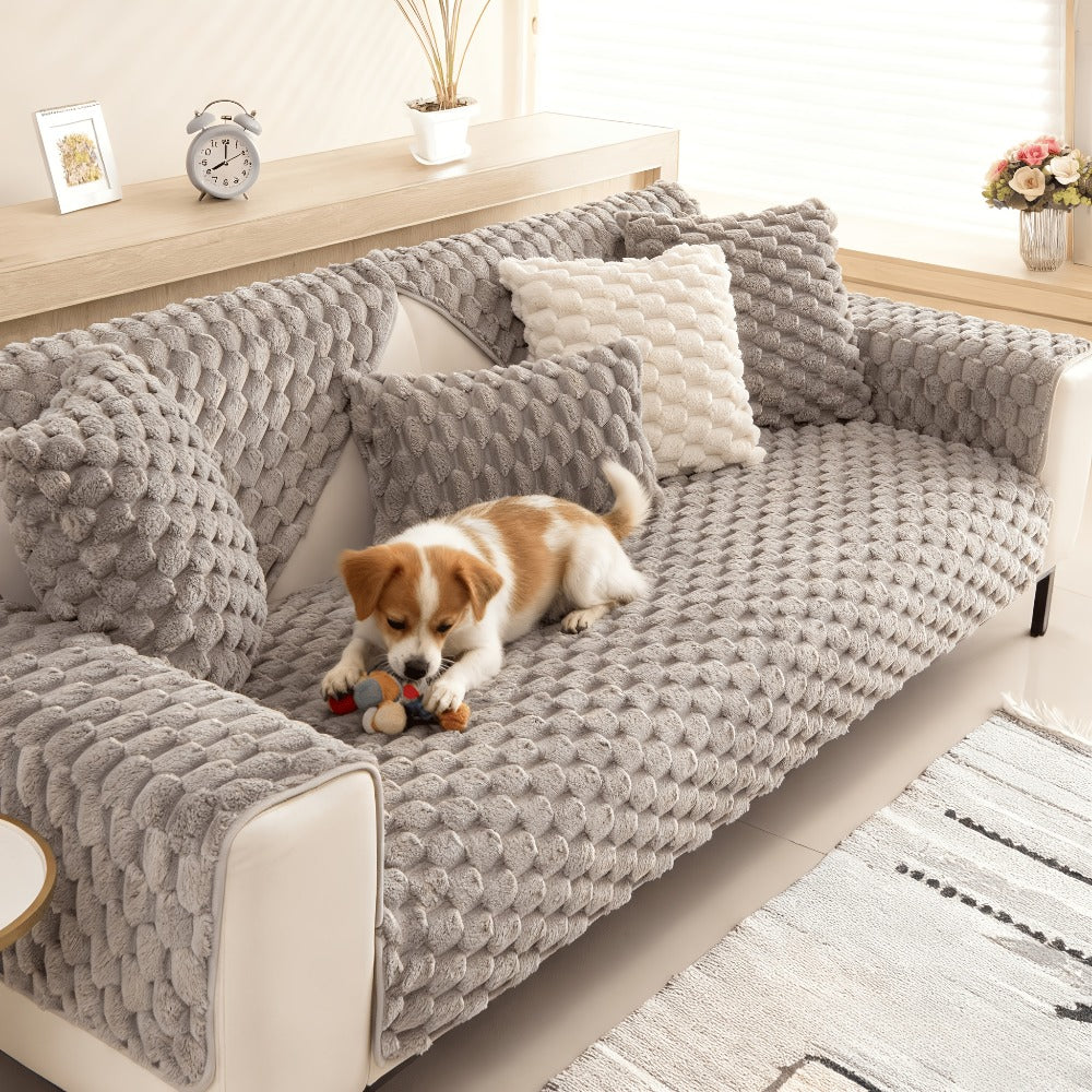Non-Slip Sofa Cushion Cover Fuzzy Couch Pad Anti-Scratch Pet Friendly Machine Washable Fits 2 3 4 Seat Sectional Recliner 35.5 Inch Wide Beige Light Brown Grey