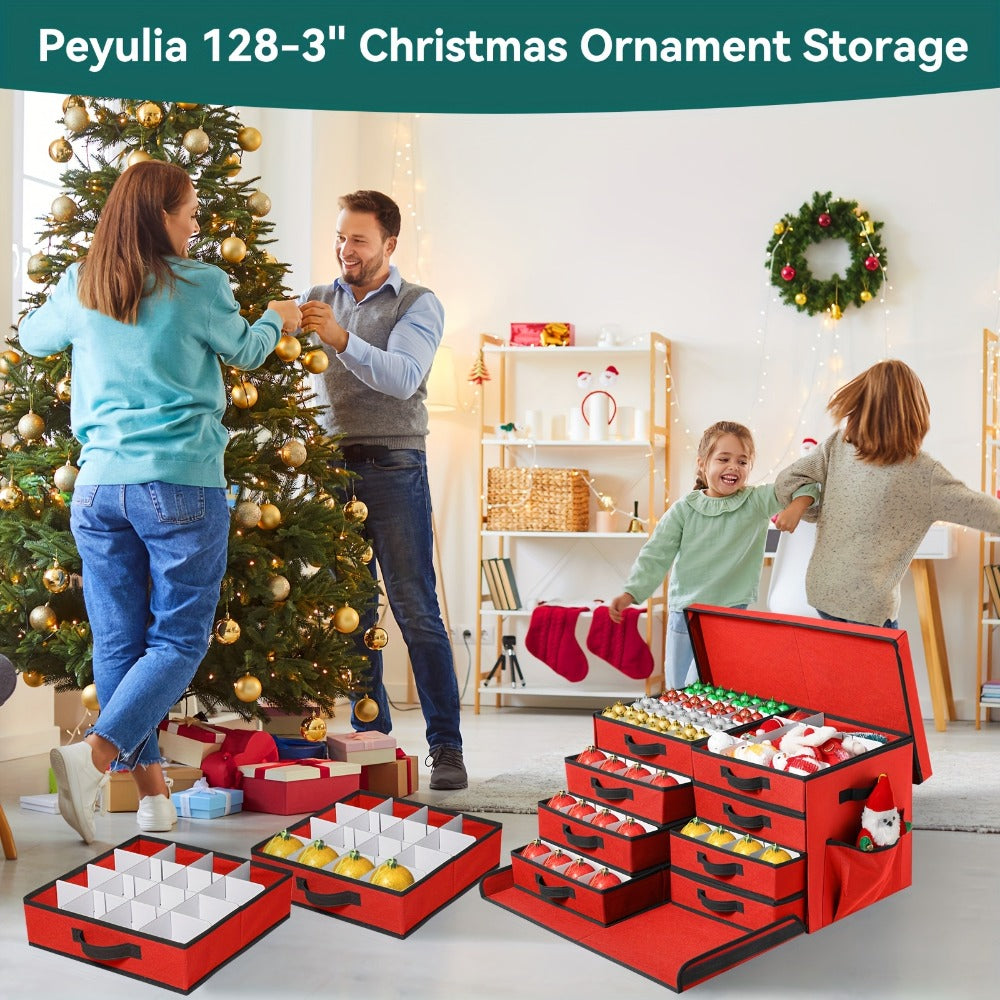 Christmas Ornament Storage Box 128 Slots 8 Trays Stackable Large Capacity Holiday Organizer with Lid Side Open Adjustable Dividers Removable Trays Red Green
