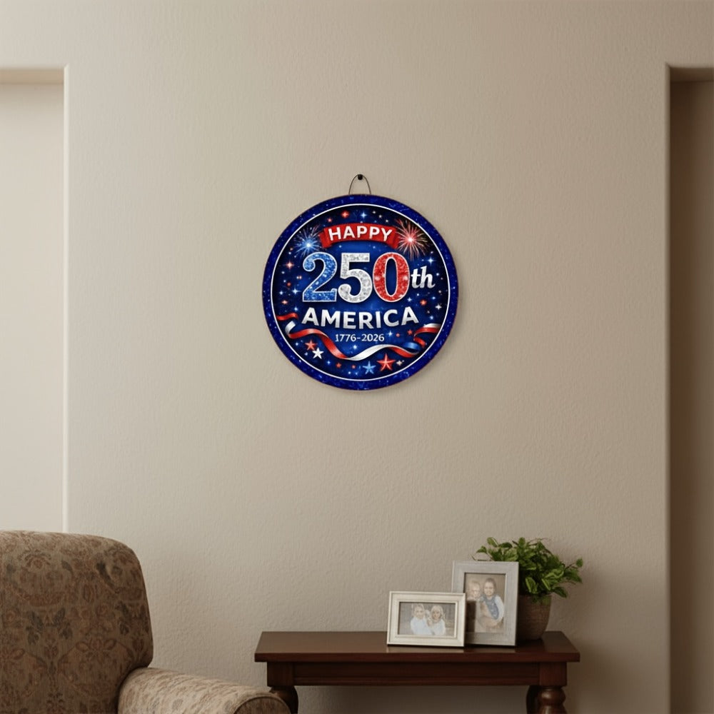 Patriotic Wooden Door Sign 250th Anniversary 1776-2026 Retro Round Wreath 4th of July Independence Day Hanging Decoration Home Porch Outdoor Wall Decor