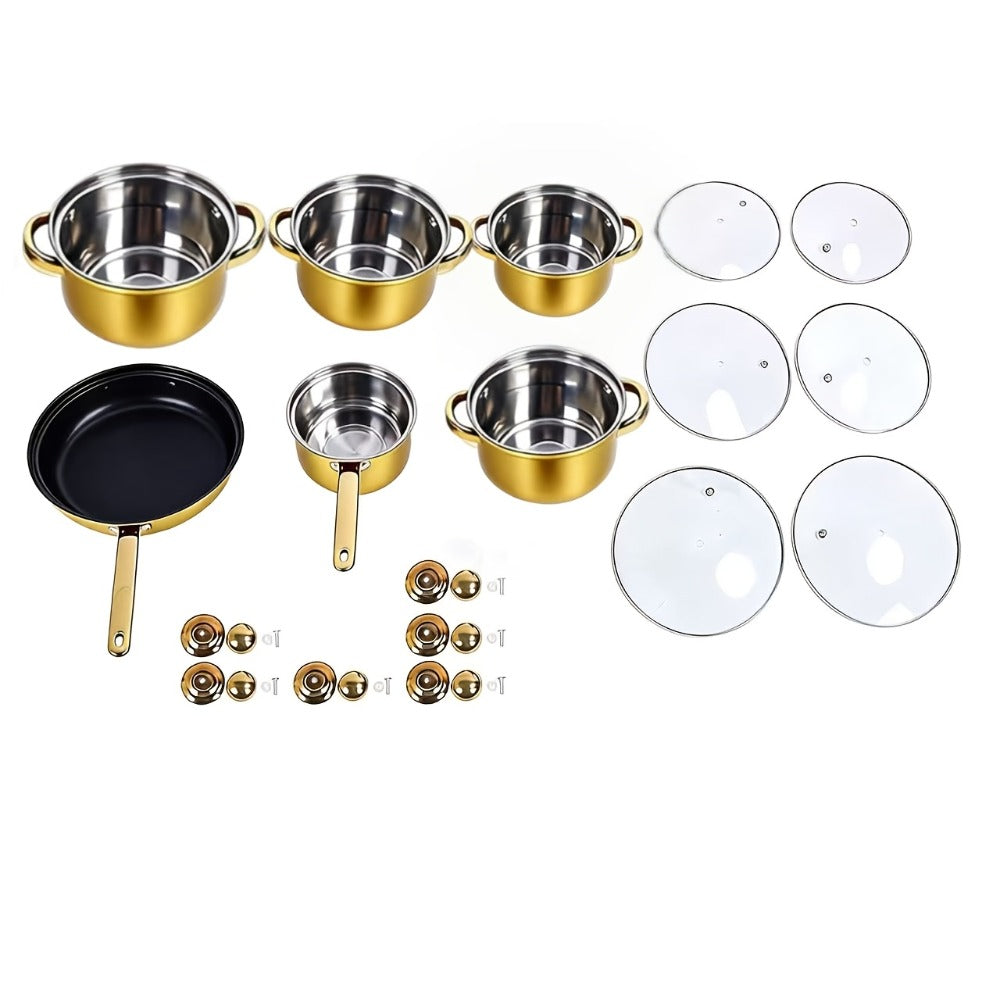 Stainless Steel Deep Pot Cookware Set 10 & 12 Piece with Lids & Dual Handles ¨C Oven Safe Soup Hot Pot Pasta Seafood Stew Pots | Silver Pink Gold | Home Restaurant Cooking Gift Set