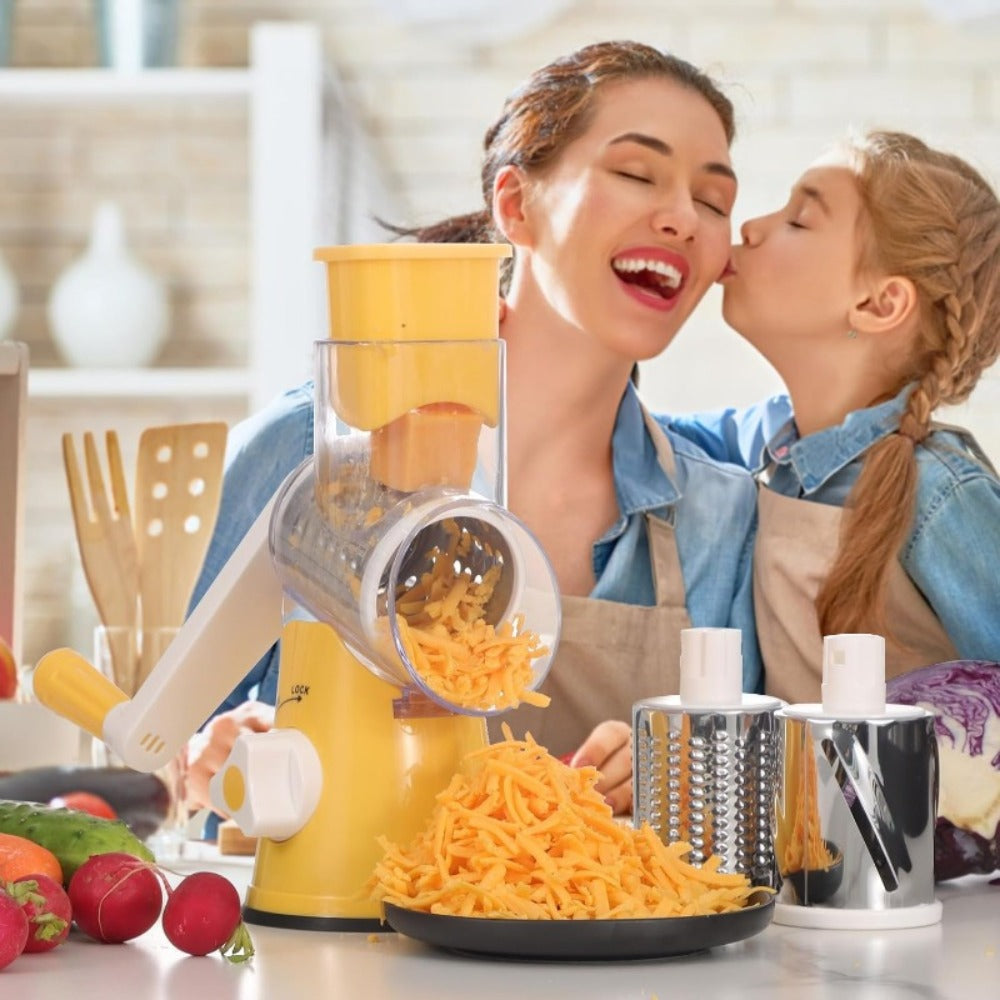 Rotary Cheese Grater with Hand Crank ¨C 3 Interchangeable Blades for Cheese, Vegetables & Nuts, Non-Slip Suction Base, Includes Cleaning Brush ¨C Manual Cheese Shredder for Kitchen (6 Colors)