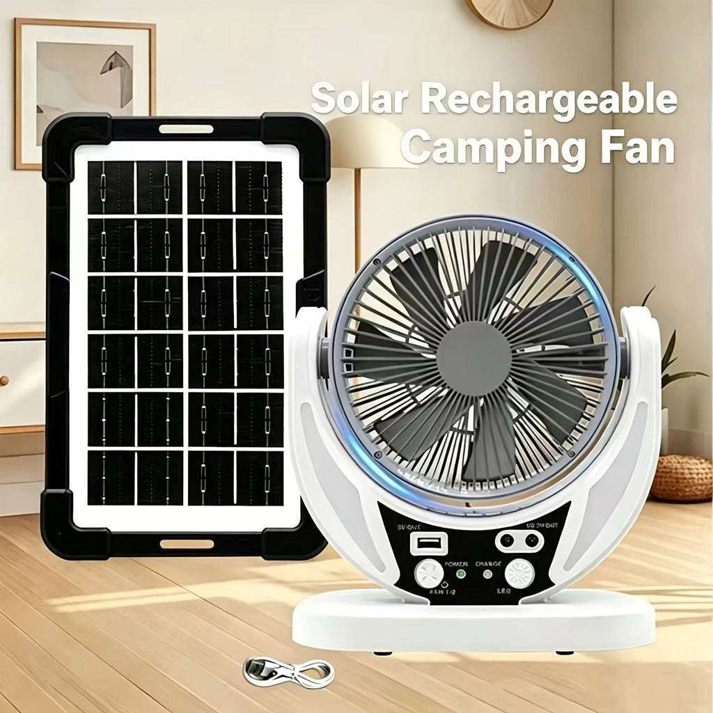 Solar Fan Portable Camping Fan with Solar Panel and USB Charging Adjustable Speed and Angle Phone Charging Function Emergency Power Outage Outdoor Travel Fan