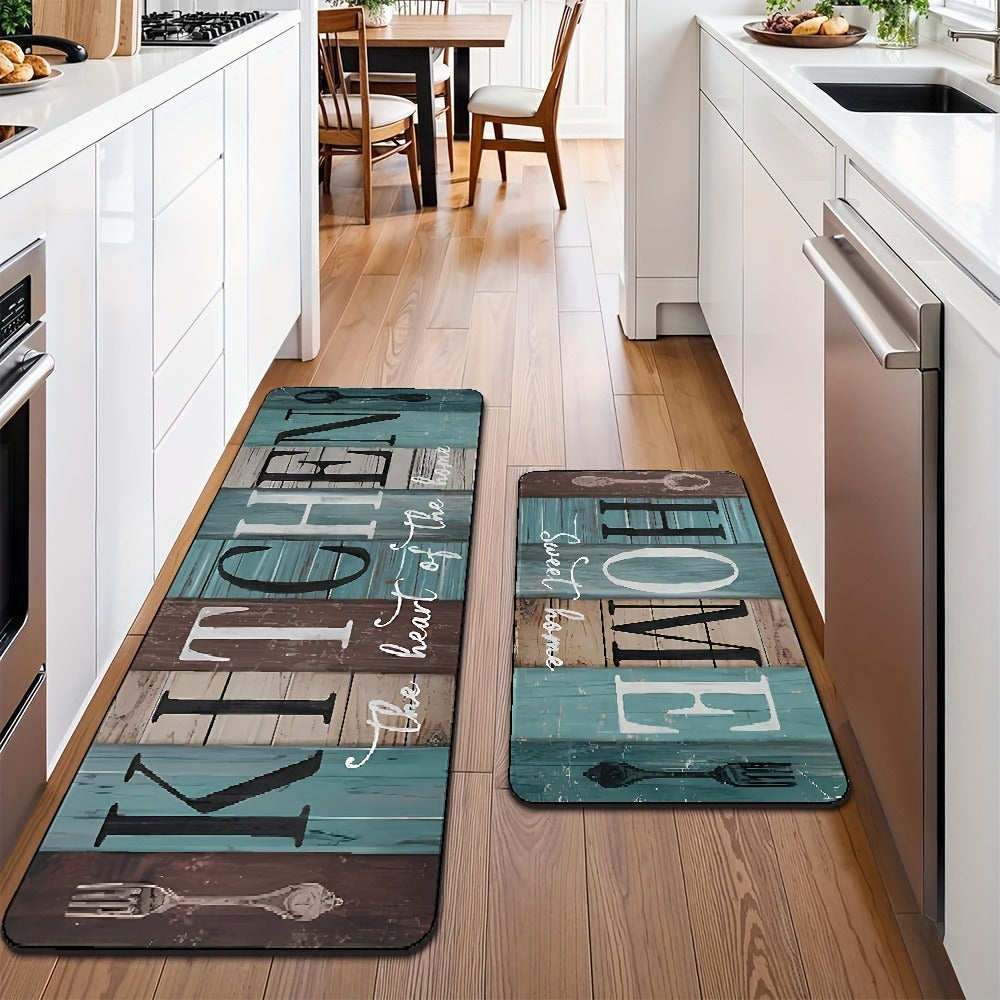 Diatomaceous Earth Kitchen Mat Set 2pcs - Non-Slip Anti-Fatigue Rug for Kitchen Bathroom Bedroom Hallway, Green Brown Wood Plank Pattern, Easy Clean
