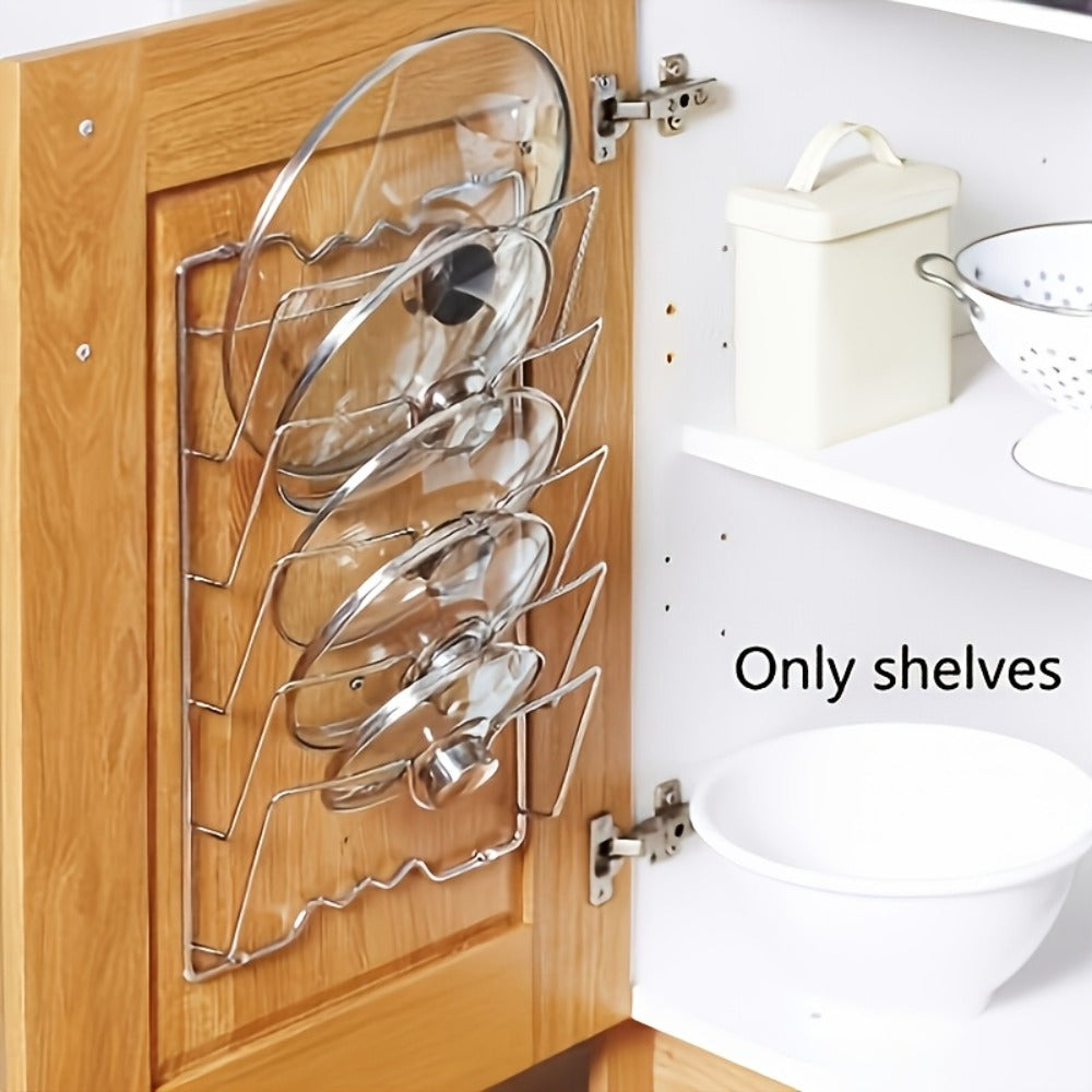 Pot Lid Organizer Wall Mounted Metal Rack | Multi-Level Hanging Pot and Lid Holder for Kitchen Storage | Space Saving Cabinet Door or Wall Mount Cookware Organizer for Home & Restaurant