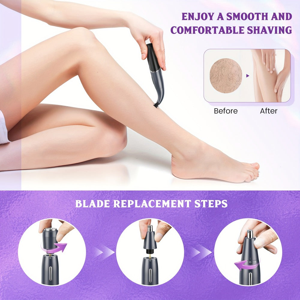 Women's Electric Bikini Trimmer Body Shaver Cordless Painless Razor Replaceable Heads Facial Hair Eyebrow Nose Ear Hair Removal Sensitive Skin