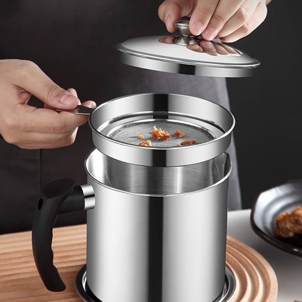 Grease Container with Strainer Stainless Steel BPA Free - Kitchen Bacon Fat Storage Can with Easy Pour Handle for Cooking Oils and Fats, Essential Kitchen Accessory