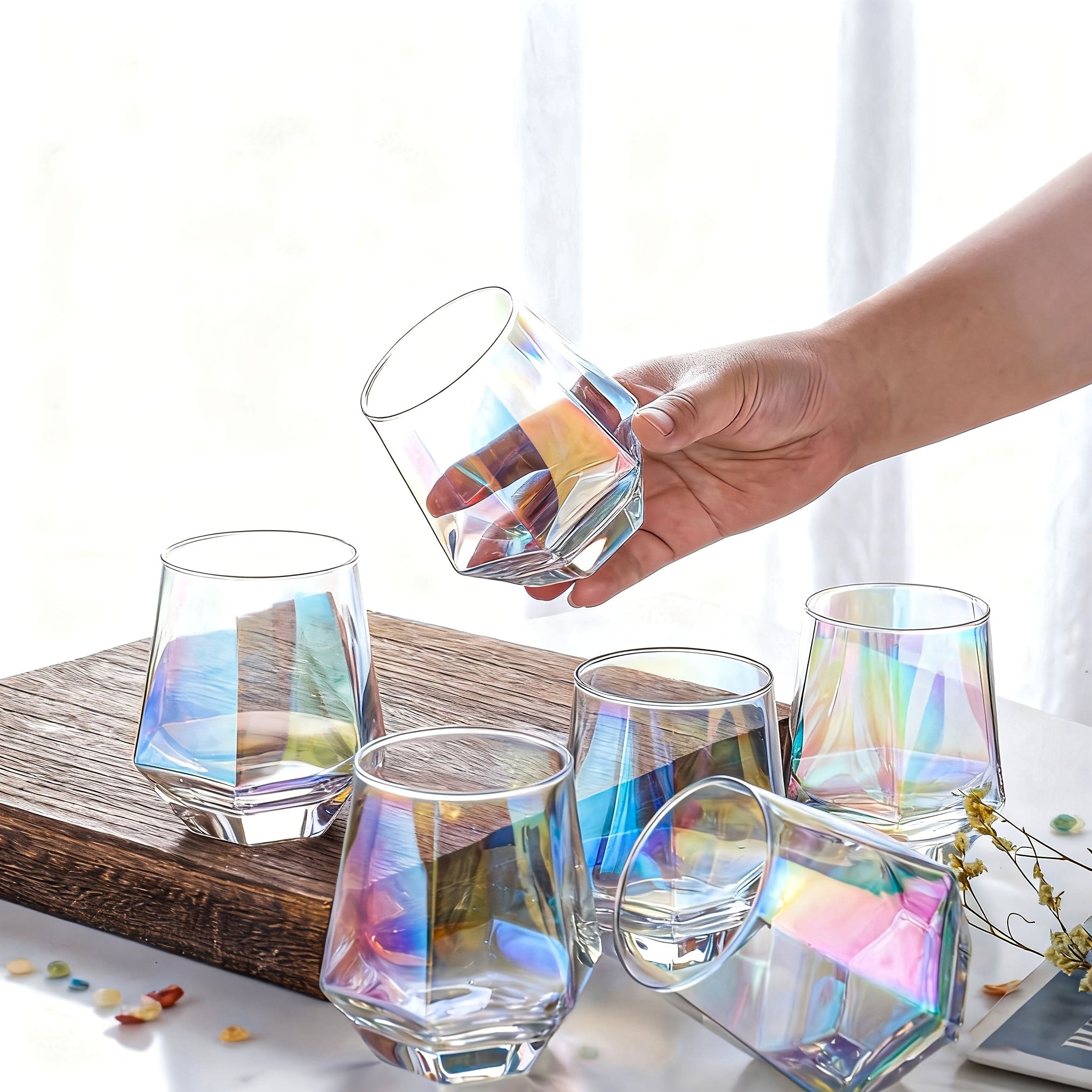 Iridescent Stemless Wine Glasses Set of 6, 10 oz Rainbow Glassware for White Wine Red Wine Cocktail Whiskey Bourbon Water, Modern Colorful Wine Glass Gift Set for Women Men Home Bar Party