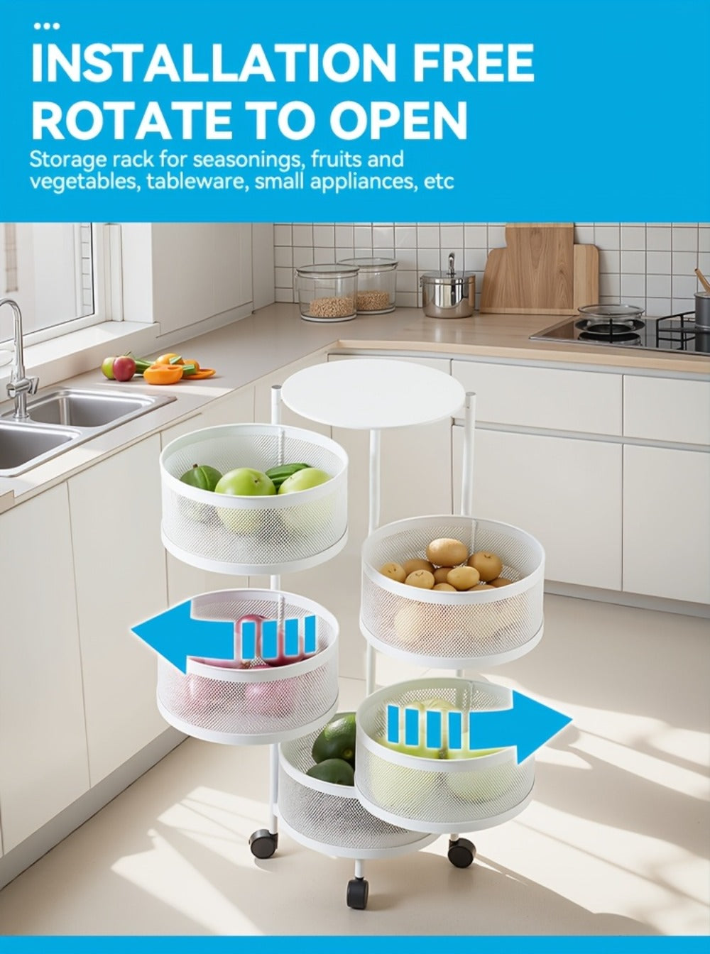 Rotating Storage Rack Multi-Tier Rolling Cart ¨C 360¡ã Swivel Round Floor Standing Organizer with 4 or 5 Layers, Vegetable Basket & File Rack for Kitchen, Bathroom, Office & Living Room (Black / White)