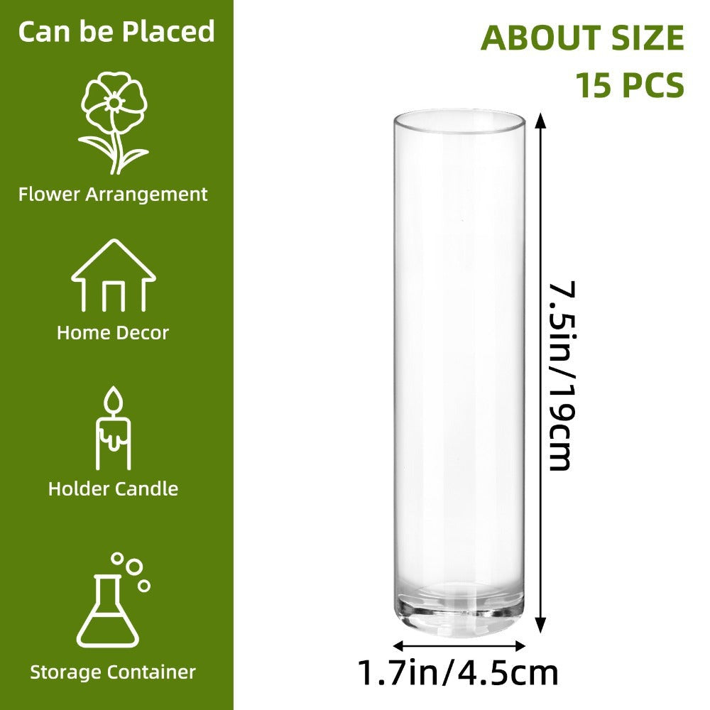 Clear Glass Cylinder Vases 15 Pcs - 7.5 Inch Tall Borosilicate Glass Flower Vase Bulk Set for Wedding Centerpieces, Floating Candle Holders, Table Decor, Party & Home Decoration