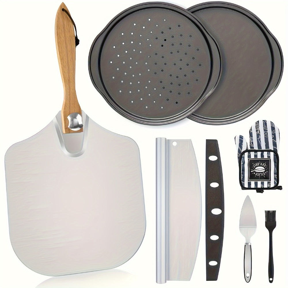 Pizza Making Set with Pizza Peel, Nonstick Pizza Pan, Perforated Pan, Pizza Cutter, Oven Mitts, Pie Server & Basting Brush, Complete Pizza Tools Kit for Oven & Grill, 7-Piece or 8-Piece