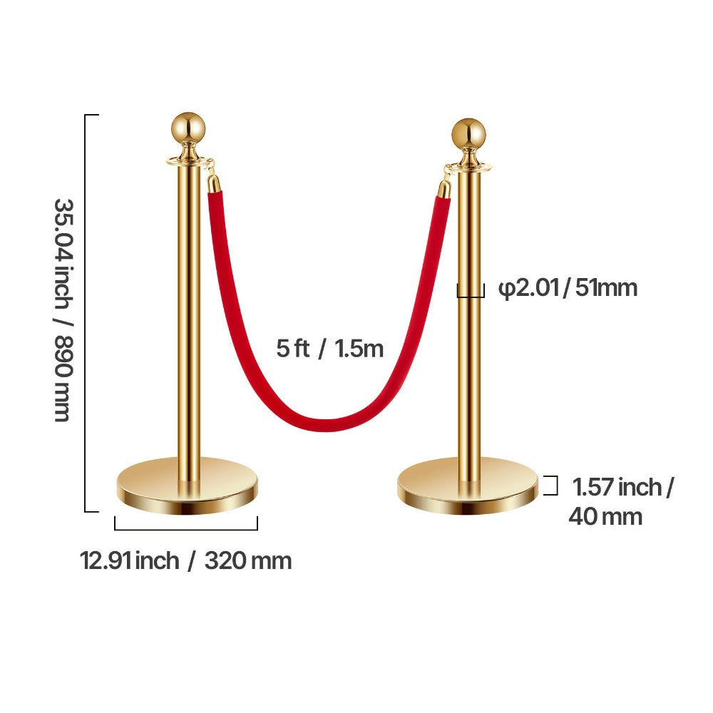 Stanchion Posts with Red Velvet Rope Set - Gold Crowd Control Barrier, 201 Stainless Steel Queue Poles with Sand-Fillable Base & 4-Way Connectors, for Wedding Event Party Museum Hotel, 4/6/8 Pcs