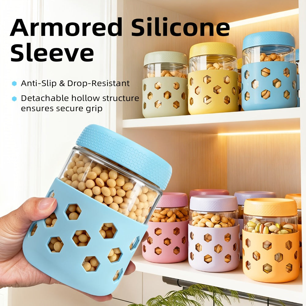 Glass Airtight Jars 6 Pack 16oz - Moisture Proof Food Storage Containers with Screw Top Lids and Silicone Sleeves for Tea Grains Nuts Snacks and Yogurt, Clear Round Glass Canisters for Kitchen Pantry Counter Organization