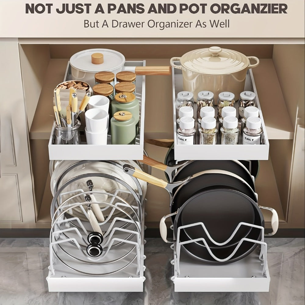 Pull-Out Pot and Pan Lid Rack Cabinet Sliding Storage Organizer - Kitchen Cabinet Slide-Out Box with 8/16 Adjustable Dividers for Lids, Baking Tools & Plates, Black or White, 1 or 2 Pack