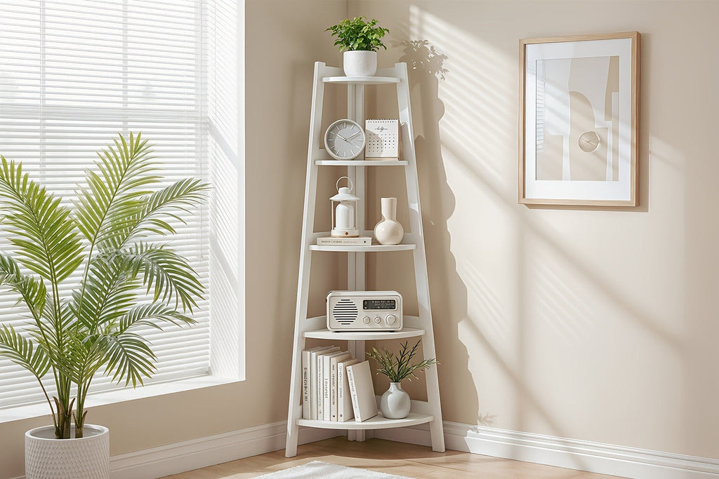 Corner Shelf 5-Tier Scandinavian Storage Cabinet ¨C Space-Saving Vertical Organizer with Baskets, Shelves & Drawer, Modern Plastic Corner Rack for Home, Study, Balcony & Bathroom (White)