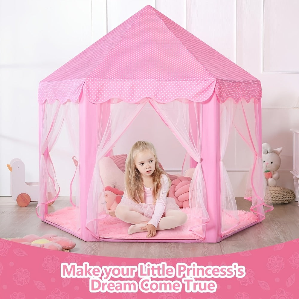 Kids Princess Tent Hexagonal Play Tent with Sheer Door Curtain ¨C Flower Pattern Mosquito Net Castle for Girls, Indoor Outdoor Playhouse Canopy Bed Tent