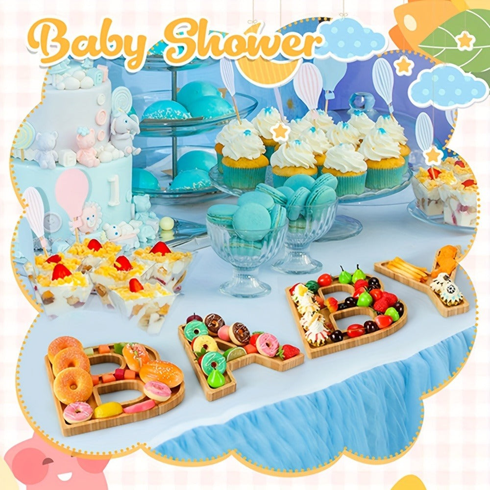 Baby Shower Charcuterie Board Set ¨C 4-Piece BABY Letter Shaped Wooden Serving Tray, Bamboo Snack Platter for Gender Reveal, Birthday Party, Cake & Cookie Display
