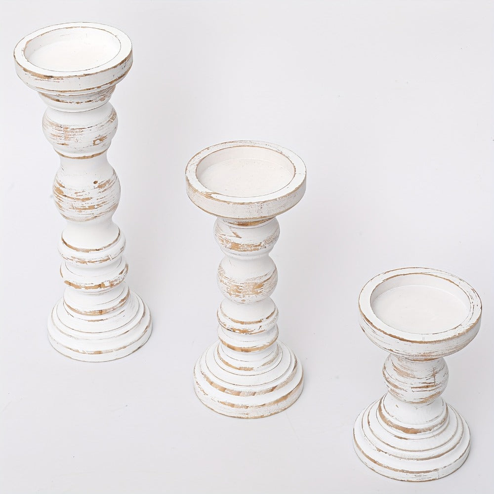 Wood Pillar Candle Holder Set of 3 - Farmhouse Rustic Wooden Candlestick Holders for Pillar Candles, Tiered Tray Decor, Table Centerpiece, Mantel Shelf Home Decor, White Black Brown