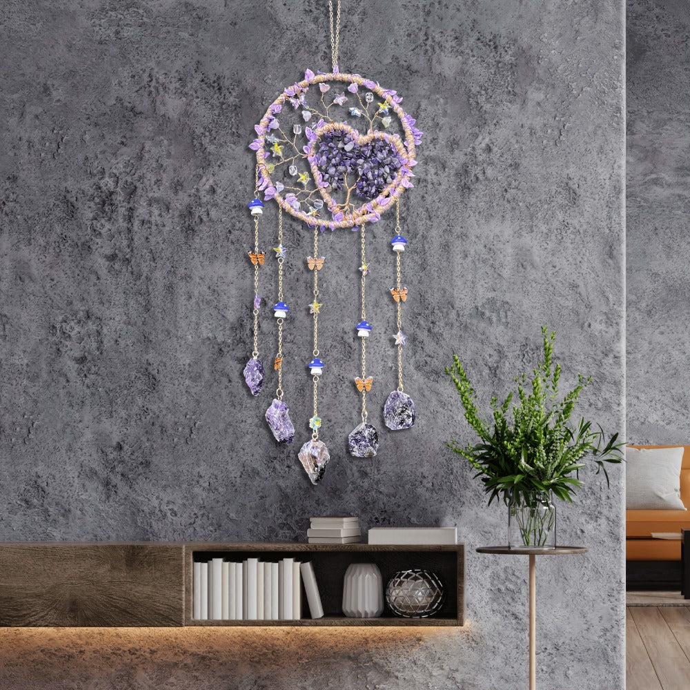 Boho Crystal Wall Hanging Decor ¨C Handmade Stone Bead Wind Chime with Colorful Gemstone Heart & Circular Crystal Pendant for Bedroom Living Room Christmas Mother's Day Thanksgiving Gift (Purple/Pink/Green)
