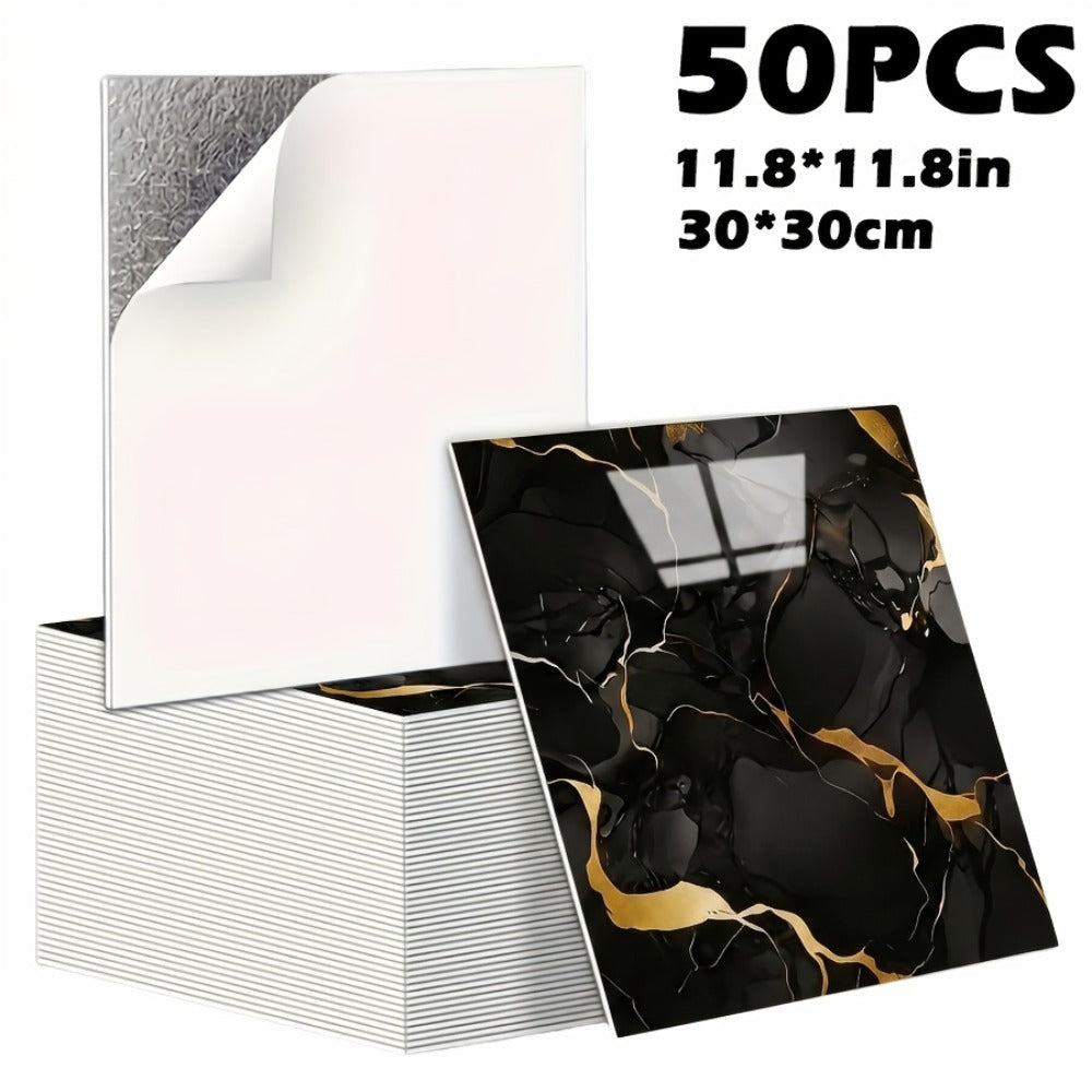 Peel and Stick Wall Tiles 50/100pcs - Waterproof PVC Marble Self-Adhesive Vinyl Panels for Bathroom Shower Kitchen Living Room TV Backdrop, Modern Wall Decor Easy Installation No Grout Required