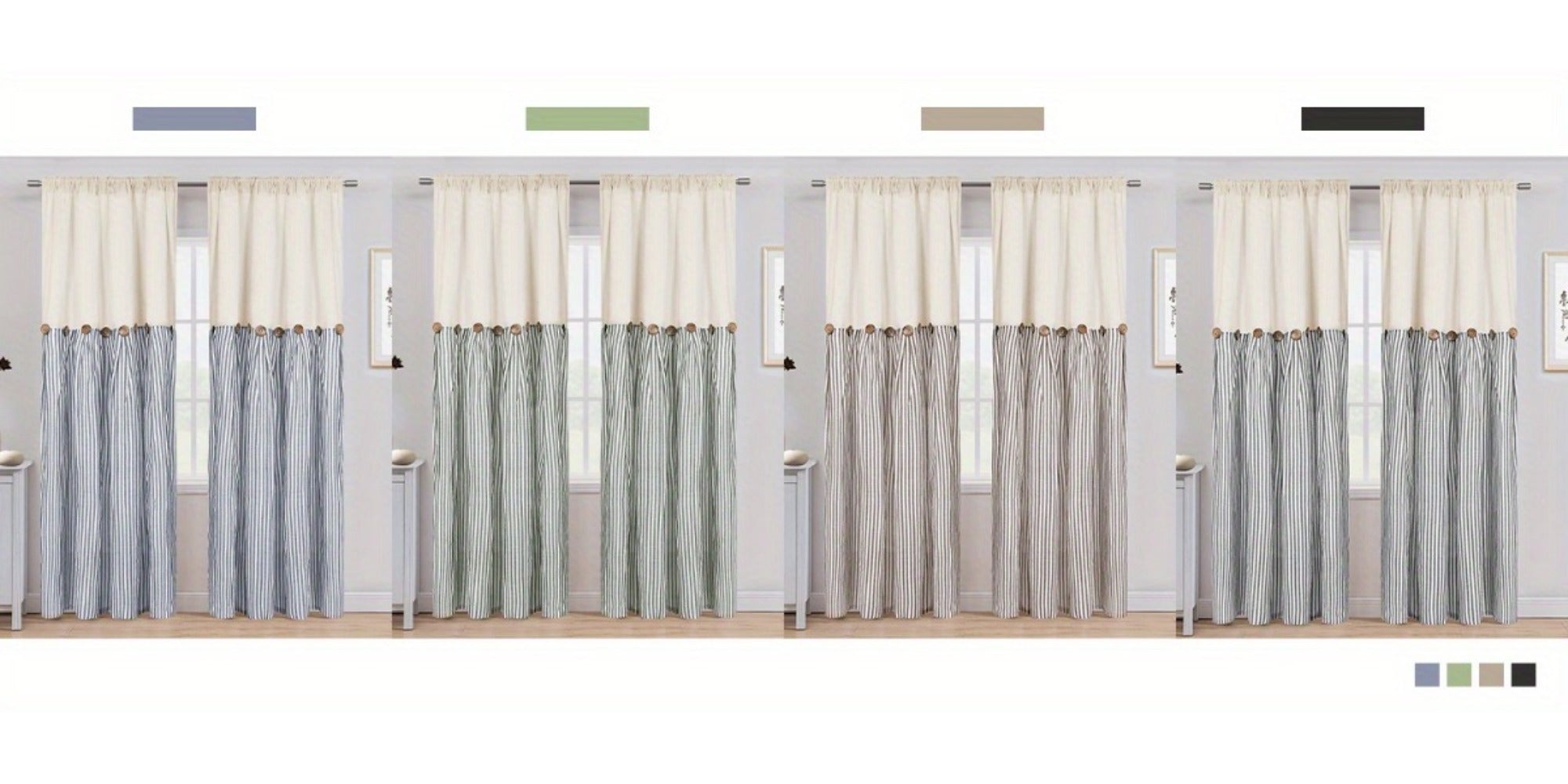 Semi Sheer Curtains Bohemian Linen Cotton Patchwork Grommet Top Window Drapes for Bedroom Living Room Kitchen Bathroom Cafe - Boho Country Cottage Style 4 Seasons 1 or 2 Panels