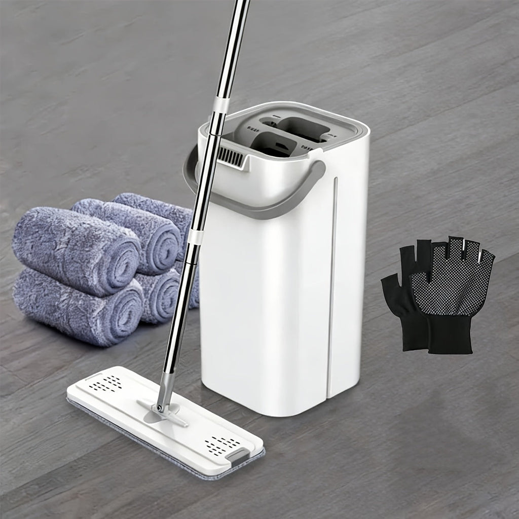 Hands-Free Flat Mop with Bucket Set ¨C 8pcs, 6 Microfiber Pads & Gloves, Dry & Wet Floor Cleaning for Bedroom, Kitchen & Bathroom