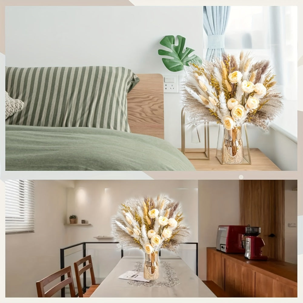 Dried Flower Bouquet Pampas Grass with Artificial White Beige Roses 51 91pcs Boho Dried Floral Arrangement for Wedding Centerpiece Farmhouse Home Table Decor Rustic Vase Filler No Maintenance