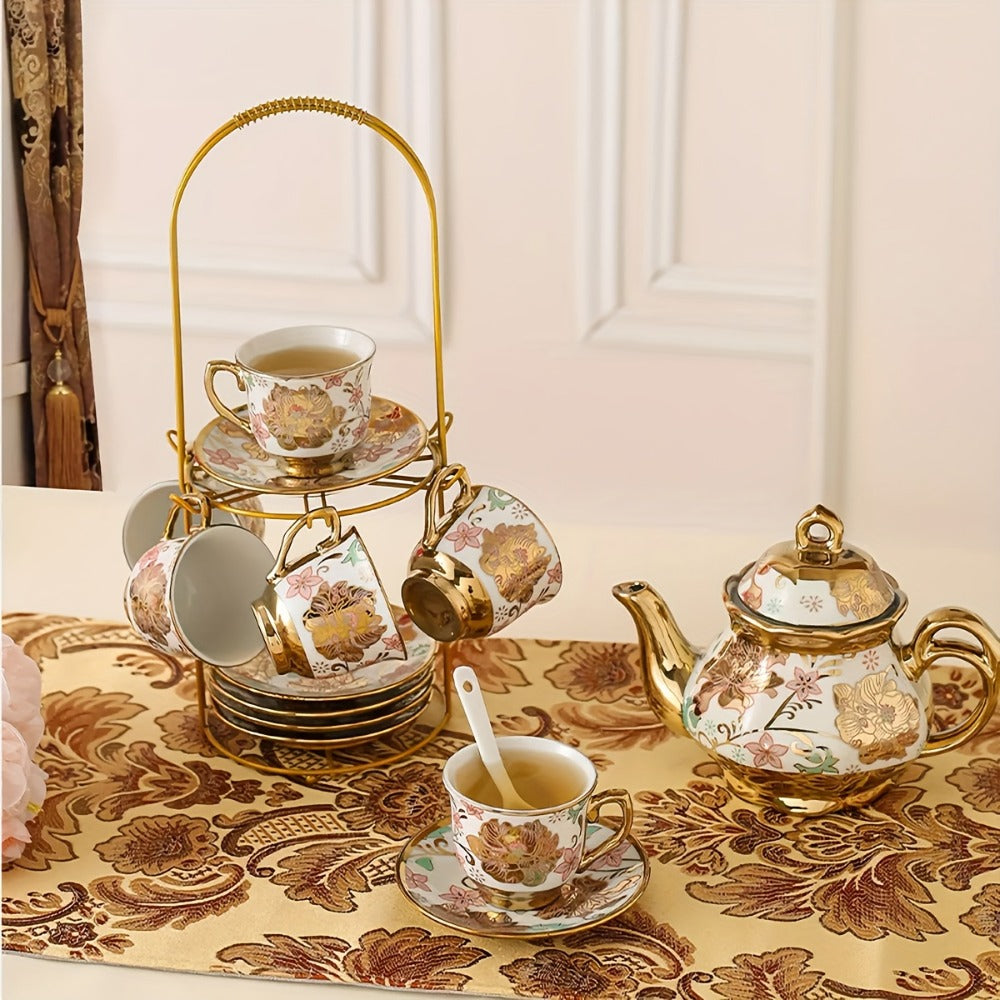 European Floral Ceramic Tea Set 20 Pcs ¨C Italian Style Afternoon Tea Set with Metal Stand ¨C Blooming Pattern Teapot & Cups ¨C Elegant Gift for Tea Lovers & Special Occasions ¨C Golden