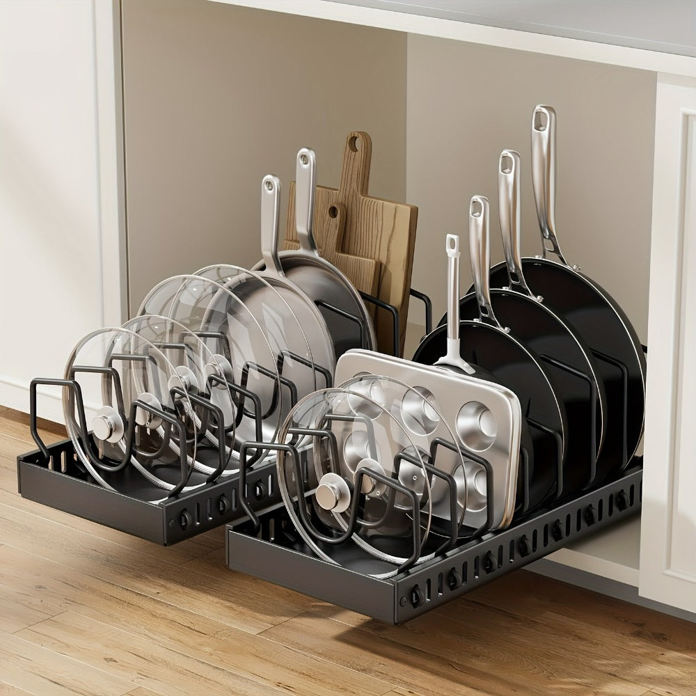 Pull Out Pot Lid Organizer Rack 2pcs Under Cabinet Pots and Pans Organizer, 8 Adjustable Dividers Slide Out Kitchen Cabinet Cookware Baking Sheet Holder, Drill-Free Easy Install