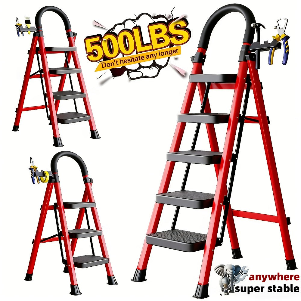 Folding Step Stool Ladder 500lbs Heavy Duty Steel with Anti-Slip Wide Treads & Handrails ¨C Safety Lock, Portable Multi-Step Ladder for Home, Kitchen & Outdoor Use, Mini / Medium / Large