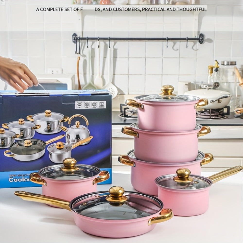 Stainless Steel Cookware Set 10 12 15 Piece Pots with Lids Double Handles Cooking Pot Set for Soup Hot Pot Noodles Pasta Home and Restaurant Kitchen Multiple Colors and Sizes Available