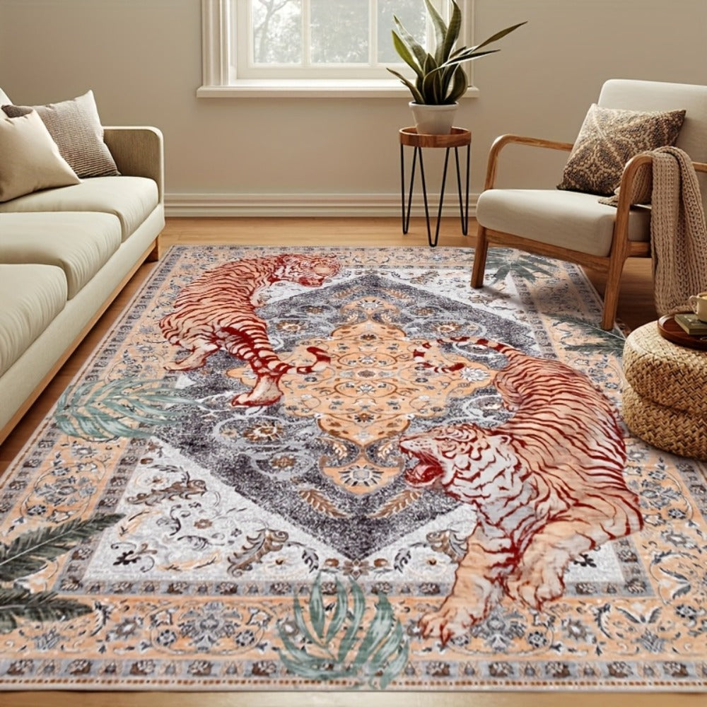 Tiger Print Rug Washable Non-Slip Area Rug - Jungle Forest Design Ultra-Thin Indoor Carpet for Living Room Bedroom Home Office, Red Green Beige, 5x7 6x9 8x10 9x12ft