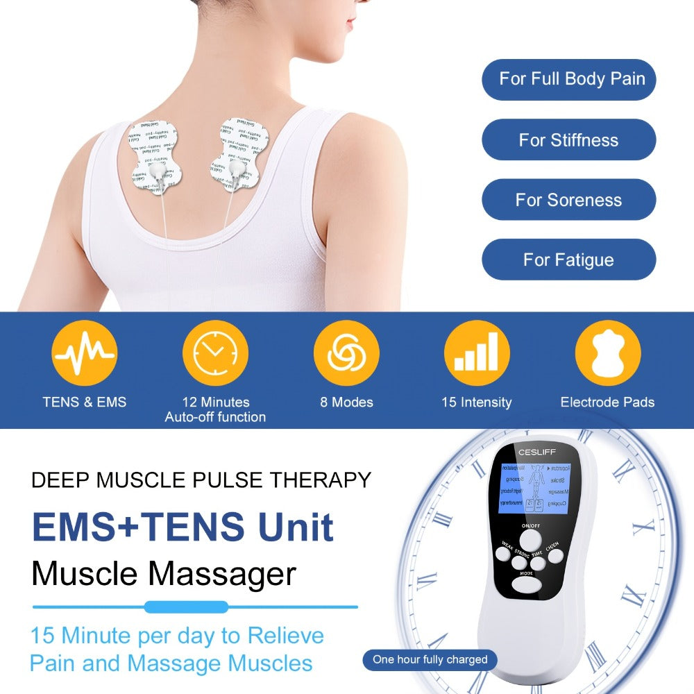TENS Unit Muscle Stimulator for Pain Relief Digital EMS Therapy Device for Back Neck Hip Nerve Pain Arthritis Tendonitis Stiffness Recovery Post-Workout Relaxation with Accessories 6-Mode and 8-Mode