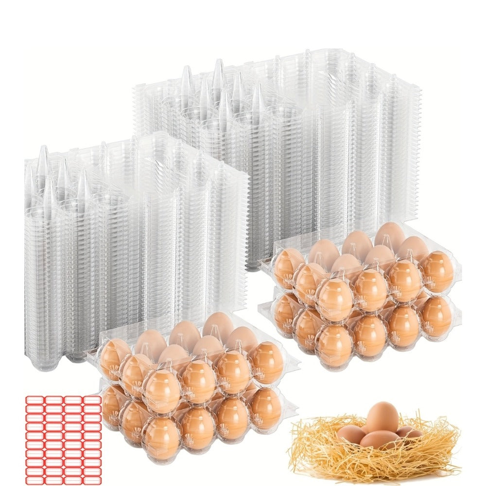 52/104-Pack Clear Plastic Egg Cartons Bulk with Sticker Labels - Reusable 12-Count Egg Containers for Home Farm Market Display