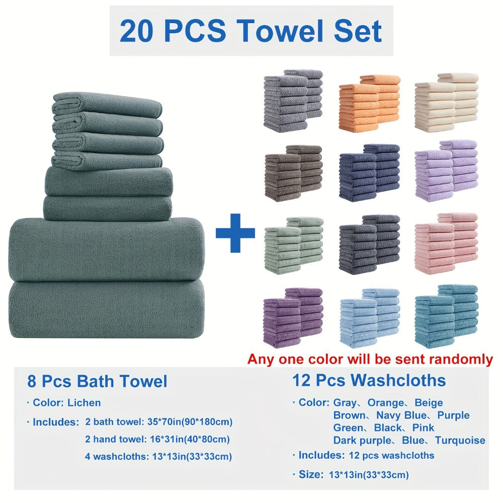 Bath Towel Set 20 Piece 100% Microfiber Absorbent Quick Dry Soft Extra Large Bath Sheets 8 Bath Towels 12 Washcloths Home Bathroom Spa Gift White Beige Gray Blue Green Purple