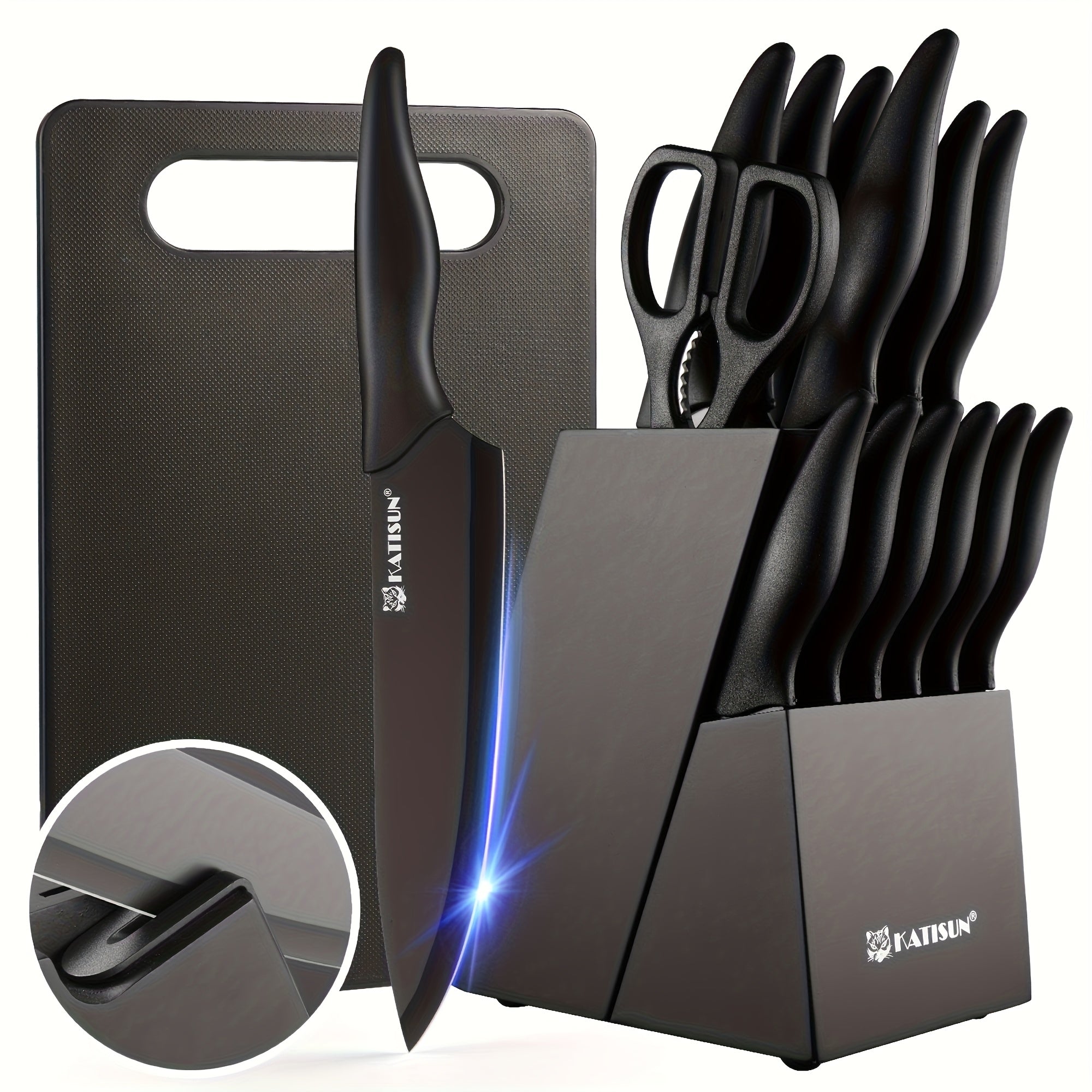 Kitchen Knife Set 15 Piece Professional Chef Knife Set with Wooden Block Non-Slip ABS Handle Cutting Board Kitchen Shears Black Coded Knives for Home Restaurant
