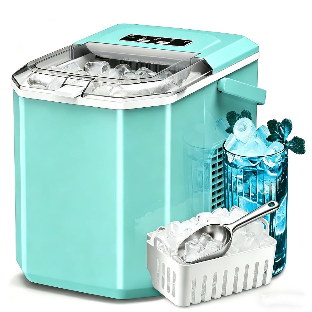 Countertop Ice Maker 26.5 Lbs Per Day - 9 Ice Cubes Ready in 6 Minutes, Portable Ice Machine with Self-Cleaning, 2 Ice Sizes S/L, Compact Ice Maker for Home Kitchen Office Bar RV - Green