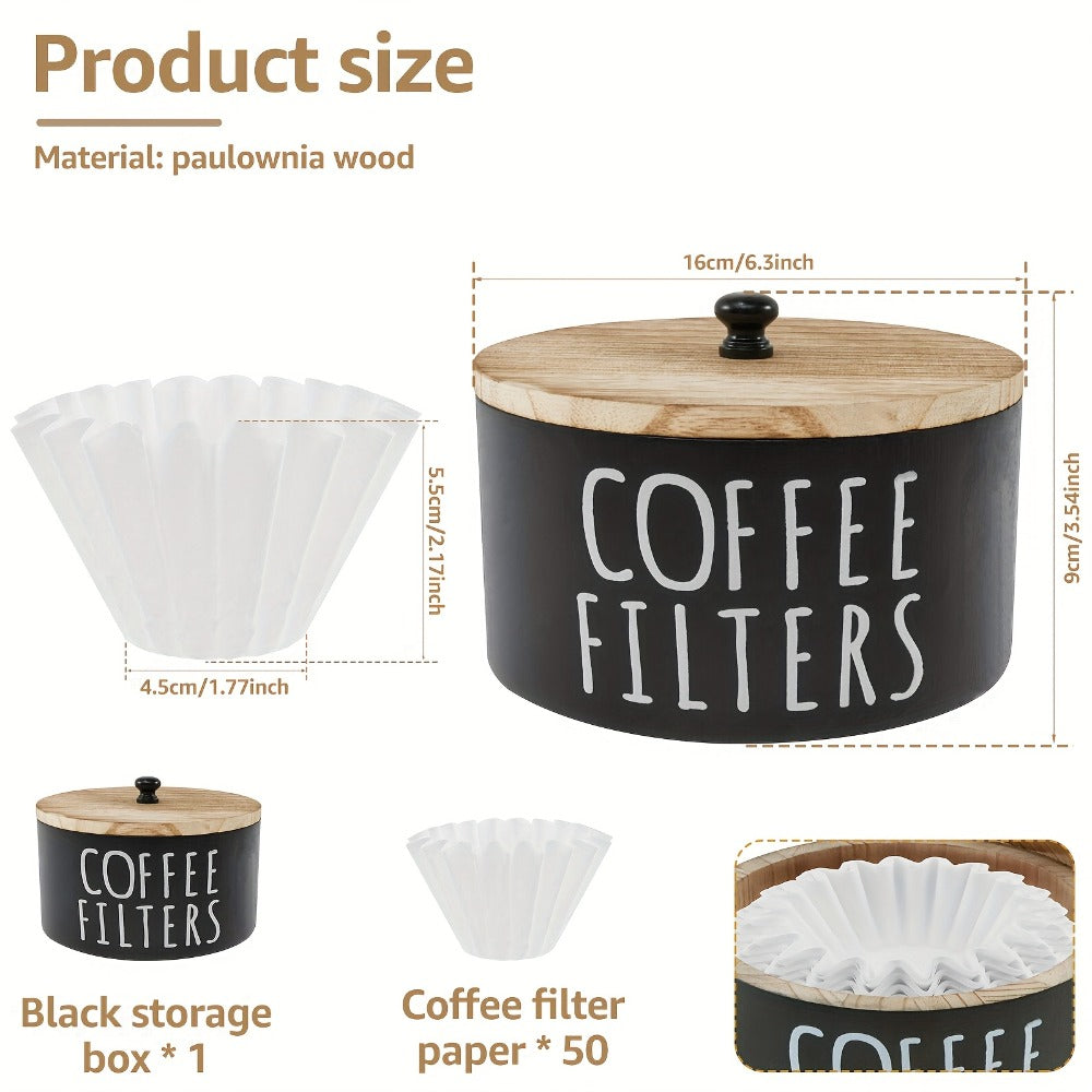 Wooden Coffee Filter Holder with Lid ¨C Large Capacity Rustic Round Organizer Dispenser for Coffee Filters & Tea Bags, Bamboo Lid, Kitchen Countertop Coffee Bar Decor