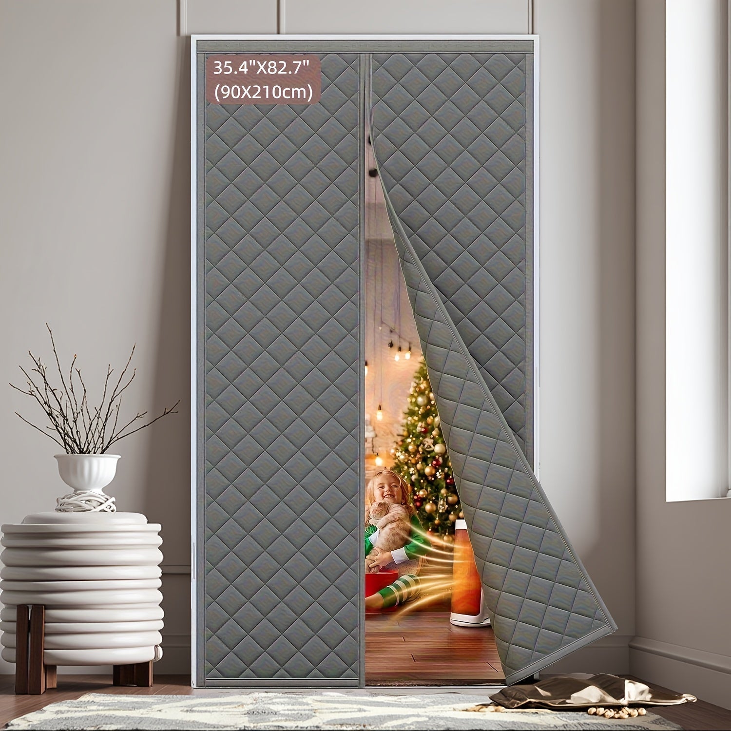 Thermal Insulated Door Curtain Magnetic Closure Knit Plaid Pattern ¨C Windproof Insulation Blanket for Front Door, Sliding Glass, Patio & French Doors, Keep Cold Out, Grey & Brown, Multiple Sizes