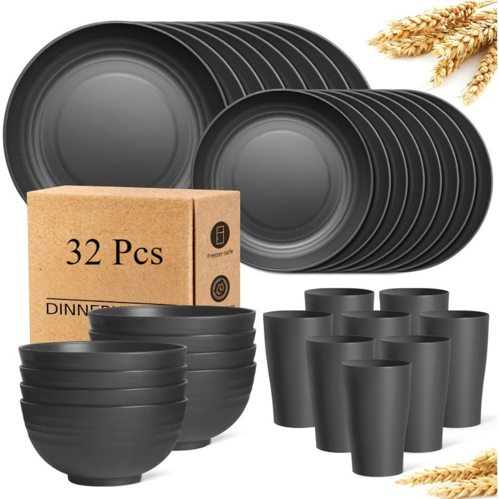 Wheat Straw Dinnerware Set Unbreakable 16 or 32-Piece Service for 4 or 8, Lightweight Dishwasher Microwave Safe Dish Set with Plates Bowls Cups, Modern Kitchen Tableware for Everyday Camping Outdoor Use