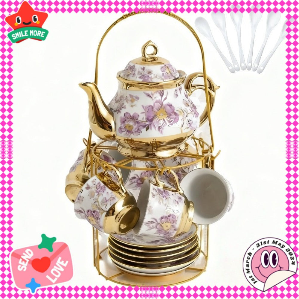 European Floral Ceramic Tea Set 20 Pcs ¨C Italian Style Afternoon Tea Set with Metal Stand ¨C Blooming Pattern Teapot & Cups ¨C Elegant Gift for Tea Lovers & Special Occasions ¨C Golden
