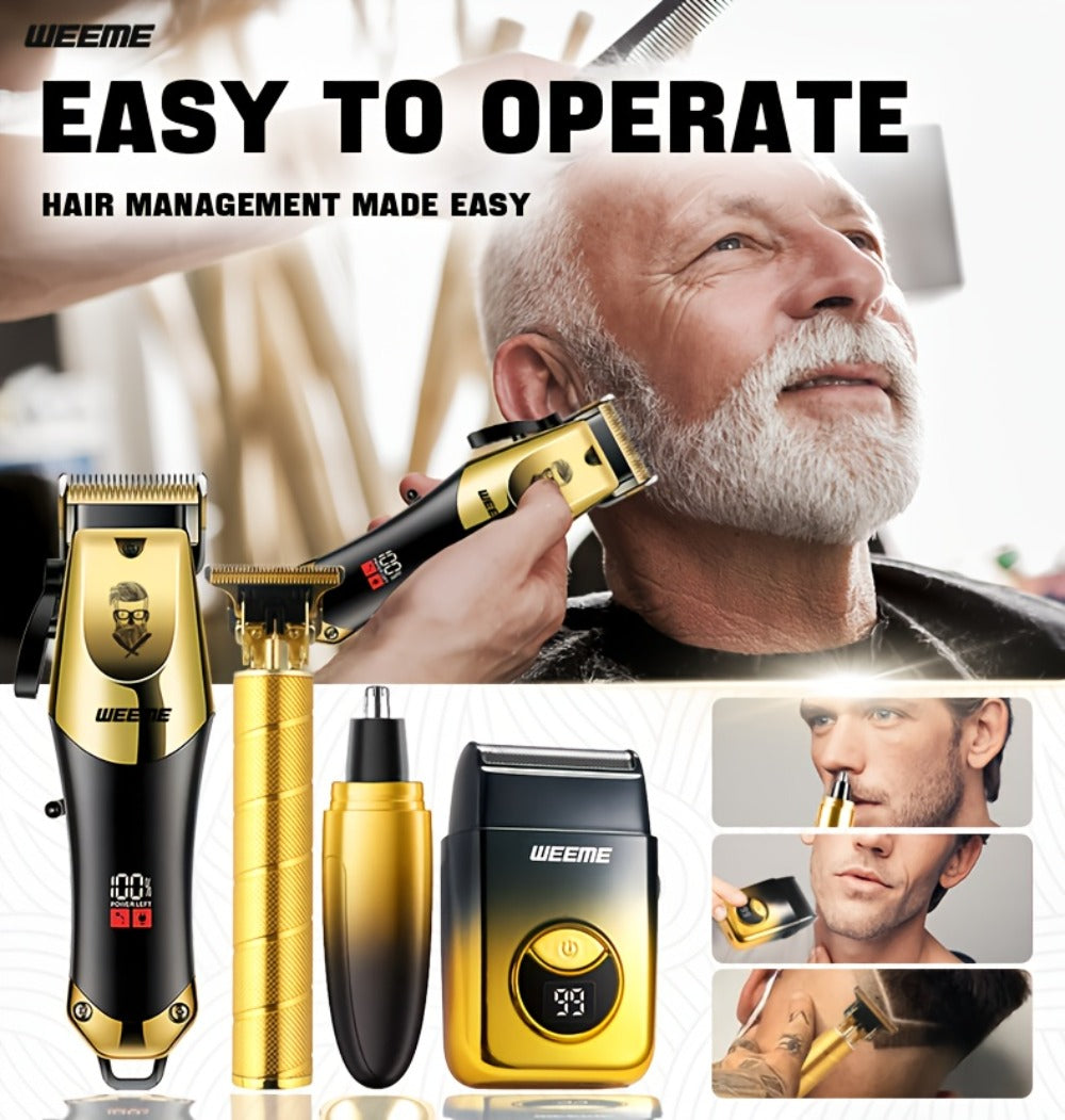 Men's Grooming Kit USB Rechargeable Hair Clipper Set with Nose Trimmer Electric Shaver Detail Trimmer 8 Limit Combs Professional Haircut Kit Father's Day Christmas Gift Gold