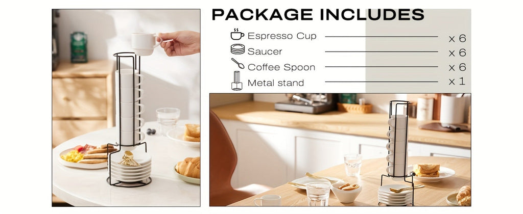 Espresso Cups Set of 6 with Saucers, Spoons & Metal Stand, 4oz Stackable Ceramic Cappuccino Mugs for Double Espresso, Lungo & Afternoon Tea ¨C Matte Black & Matte White