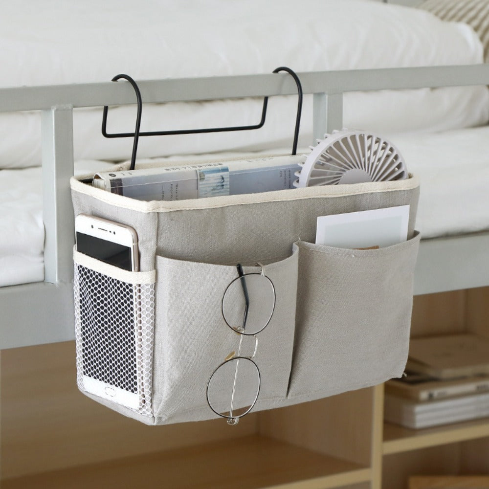 Bedside Hanging Organizer 2Pack Bed Rail Storage Bag - Bunk Bed Dorm Hospital Caddy for Books Magazines Phone Glasses Kettle Bedroom Shelf Basket Gray White